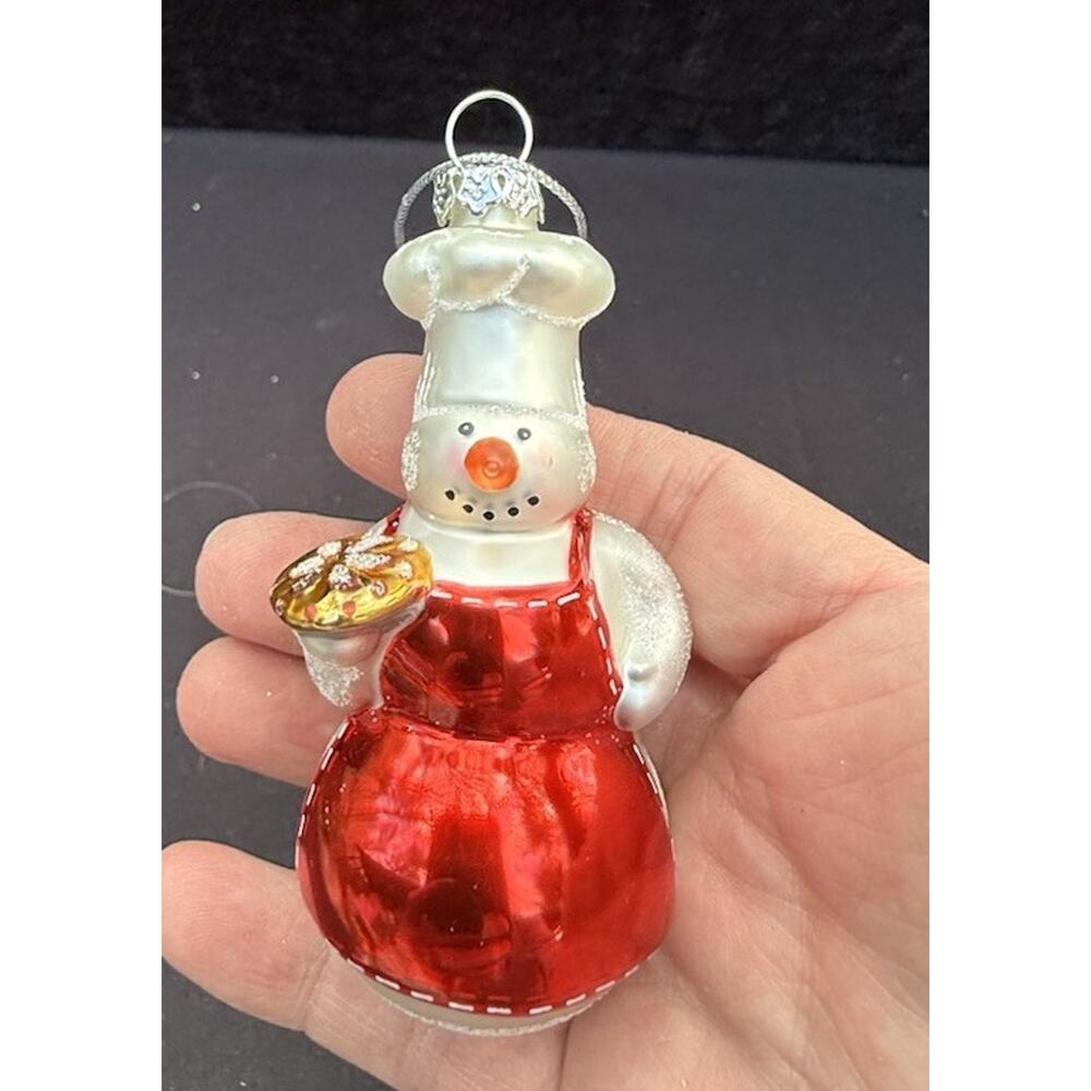 WILLIAMS SONOMA Blown Glass Ornament Snowman Chef Baker holding Pie -7D